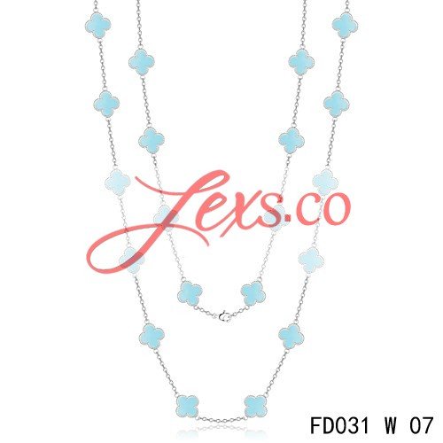 Van Cleef & Arpels Vintage Alhambra 20 Motifs Long Necklace Replica White Gold Turquoise