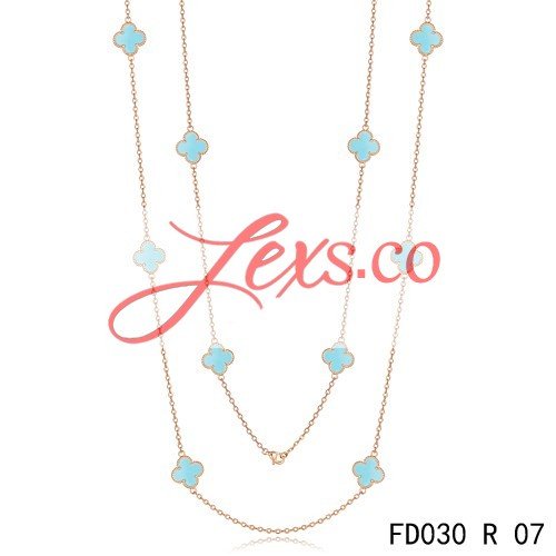 Van Cleef & Arpels Vintage Alhambra 10 Motifs Fake Turquoise Long Necklace Pink Gold